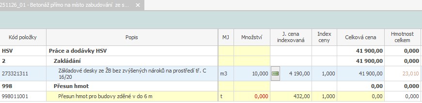 Ukázkový rozpočet Čerpání betonu