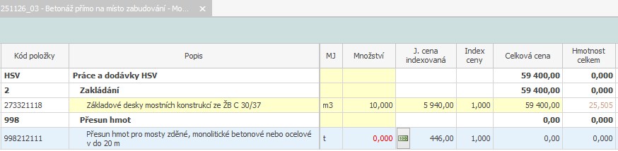 Ukázkový rozpočet Čerpání betonu