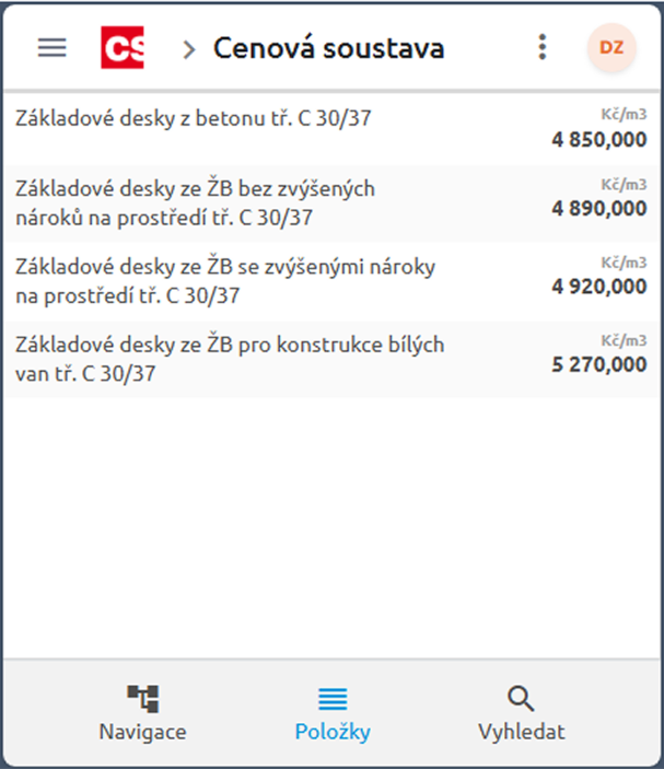 Mobilní zobrazení Cenové soustavy